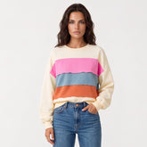White crew neck sweatshirt with dropped shoulders in color block patchwork