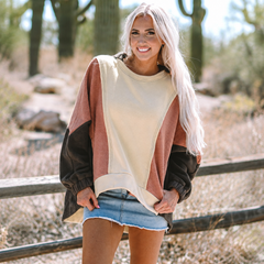 Sweat à capuche oversize beige à patchwork color block