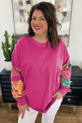 Plus Size Rose Red Printed Patchwork Sleeve Split Sweatshirt