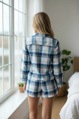 Ensemble de salon 2 pièces chemise et short imprimés à carreaux bleus