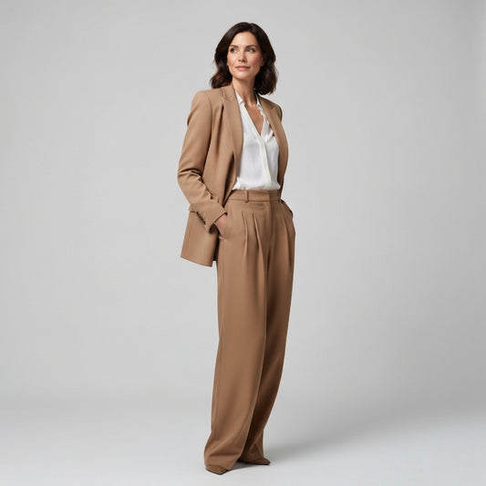 Une femme élégante et confiante présentant une nouvelle collection, incarnant "la femme que nous aimons" avec grâce.