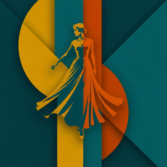 Composition géométrique dynamique, silhouette de femme en vintage vêtements, évoquant style intemporel et modernité.