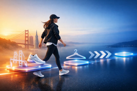 Tendances mode Californie San Francisco 2026: une figure stylisée parcourt un chemin d'icônes futuristes sur fond dégradé.