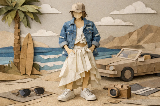 Figure en papier artisanal stylisée montrant des astuces pour un style californien authentique et tendance.