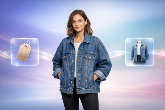 Guide visuel pour choisir et styler une veste en jean vintage femme oversize, avec icônes de progression.