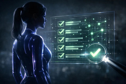 Image futuriste néon d'une femme stylisée avec un système d'évaluation holographique montrant des avis clients positifs.