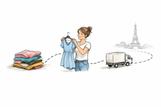 Schéma dessiné à la main: parcours pour grossiste vêtements femme occasion Paris. Une femme inspecte des robes, camion de liv