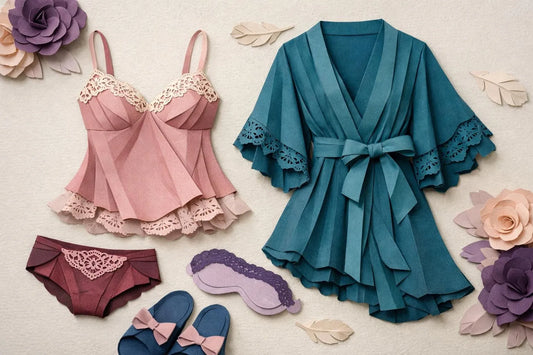 Illustration paper craft de vêtements de nuit femme sensuels, avec dentelle délicate et textures papier.