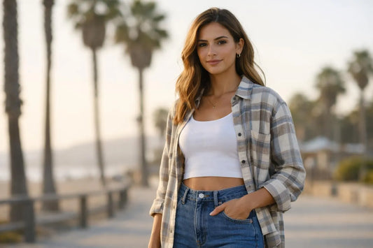Jeune femme stylée en tenue décontractée californienne (denim, crop top) sur une plage ensoleillée; illustre qu'est-ce que la