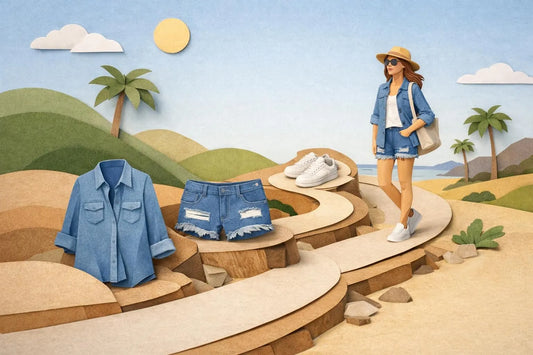 Image en papier craft montrant comment s'habiller comme une californienne en 5 étapes. Style décontracté authentique.