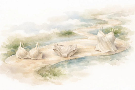Illustration aquarelle de lingerie fine femme grandes tailles, présentant une progression vers le choix qualité et confort.
