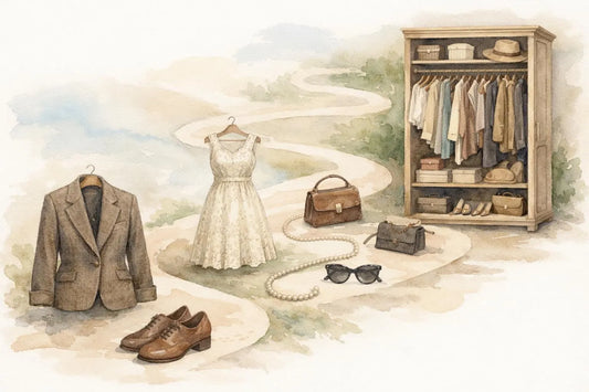 Guide aquarelle pour une garde-robe vintage réussie: processus de sélection de vêtements et accessoires rétro.