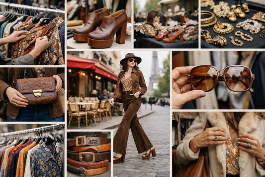 Collage photos authentiques: guide collection vintage femme années 70 Paris, montrant styles, accessoires et l'ambiance paris