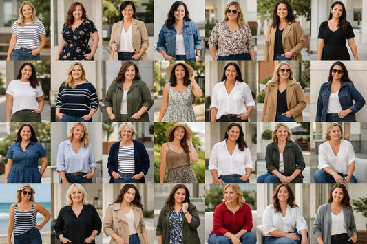 Collage de photos montrant des femmes diverses avec des vêtements femme petits prix qualité stylés et bien choisis.