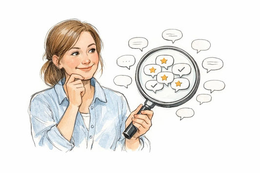 Femme évaluant les avis forum pour "A Woman We Love" avec loupe et checklist, style croquis amical.