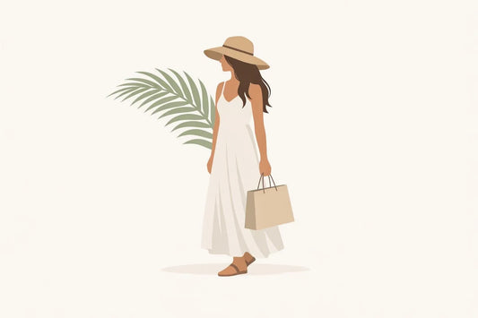 Illustration minimaliste d'une femme chic en tenue estivale californienne, évoquant une boutique de vêtements femme.
