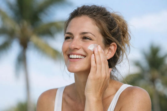 "Femme appliquant une crème hydratante sur fond de palmiers pour un look californien"