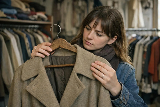 guide d'achat vêtements vintage, femme examinant un trench-coat ancien dans une friperie.