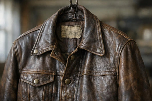"Veste en cuir vintage avec détails, suspendue à un crochet"