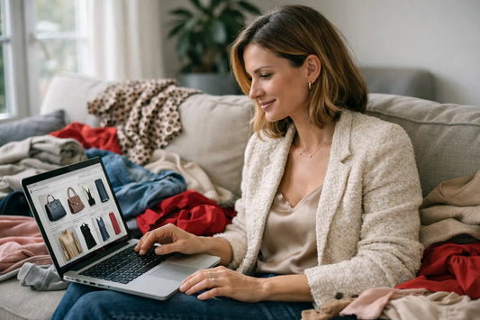 Femme élégante cherchant des vêtements de luxe dans une friperie en ligne sur son ordinateur portable.