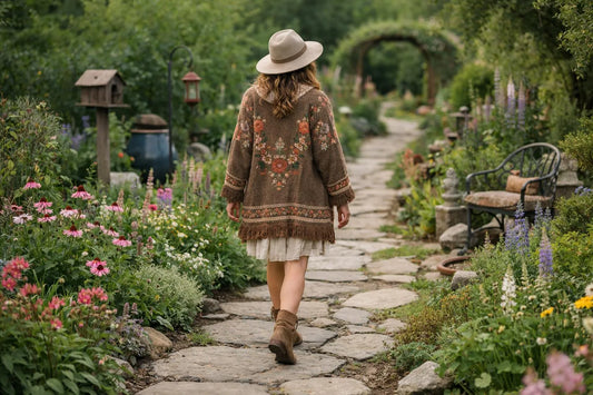 Femme en cardigan bohème chic dans un jardin fleuri, recherche de style