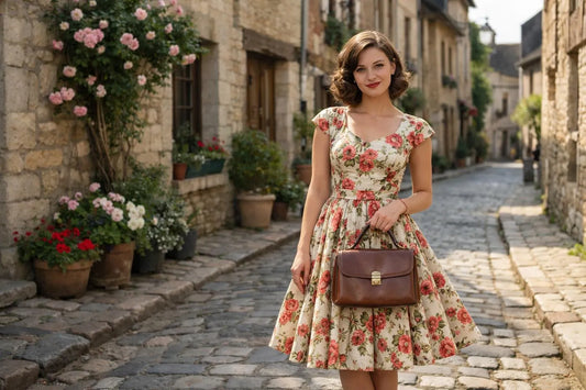 Femme en robe vintage fleurie dans rue pavée historique