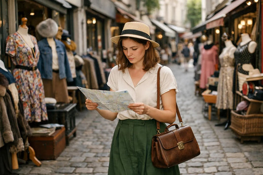 Femme faisant du shopping vintage dans une rue pittoresque, avec des magasins d'occasion et des accessoires démodés en vitrin