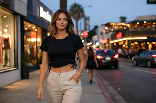Femme en tenue décontractée de la marque Revolve sur le Sunset Boulevard à Los Angeles