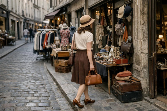 Femme faisant du shopping vintage dans une rue pavée, regardant les magasins et les friperies pour dénicher des objets unique