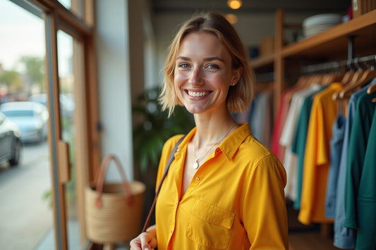 Femme élégante en haut jaune dans boutique de mode ensoleillée