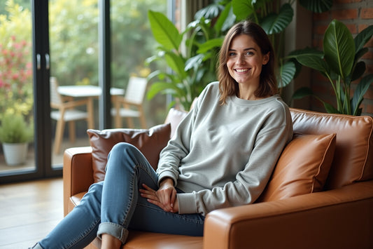 Femme en sweat matelassé confortable dans un salon moderne