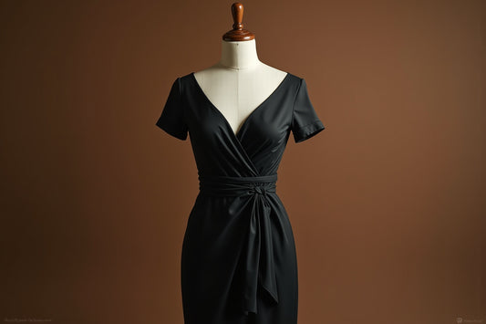 Robe courte noire moulante pour femme, tissu élégant et détaillé.