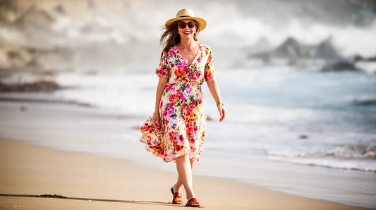 Femme californienne élégante en robe florale sur plage ensoleillée au printemps.