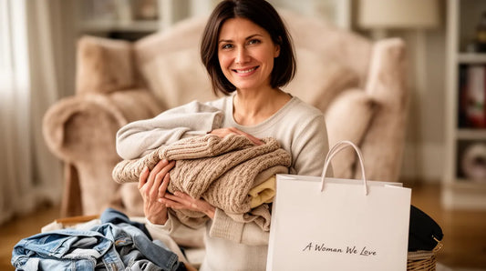 Femme tenant un pull et un sac de A Woman We Love, retour facile de vêtements chez A Woman We Love.