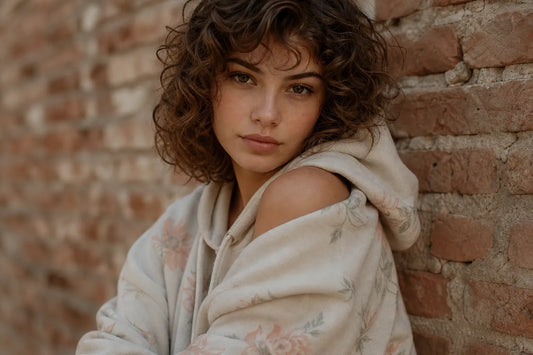 Femme portant un sweat Californien oversize, capuche visible, détail de la coupe ample.