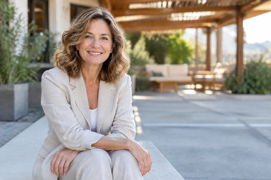 Femme 50 ans en tailleur californien, style lumineux, photo éditoriale professionnelle.