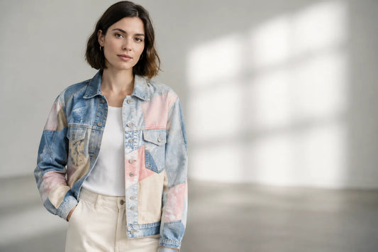 Veste jean patchwork vintage portée par une mannequin, lumière douce, flou artistique.