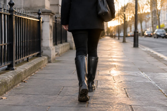 Femme portant bottine hunter noire en cuir, marche dans un quartier urbain en fin d'après-midi.