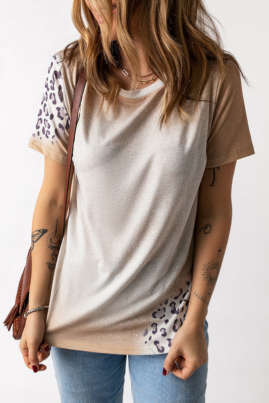 Khaki bleichte Leopardenmuster Crew Neck T -Shirt