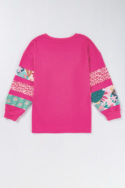 Sweat-shirt Fendu à Manches Patchwork Imprimé de Grande Taille Rose Rouge