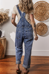 Combinaison en denim bleu voile à jambe droite avec poches-A WOMAN WE LOVE