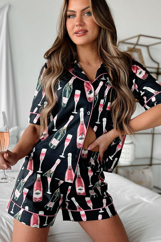 Single pajamas with short sleeves and black champagne print