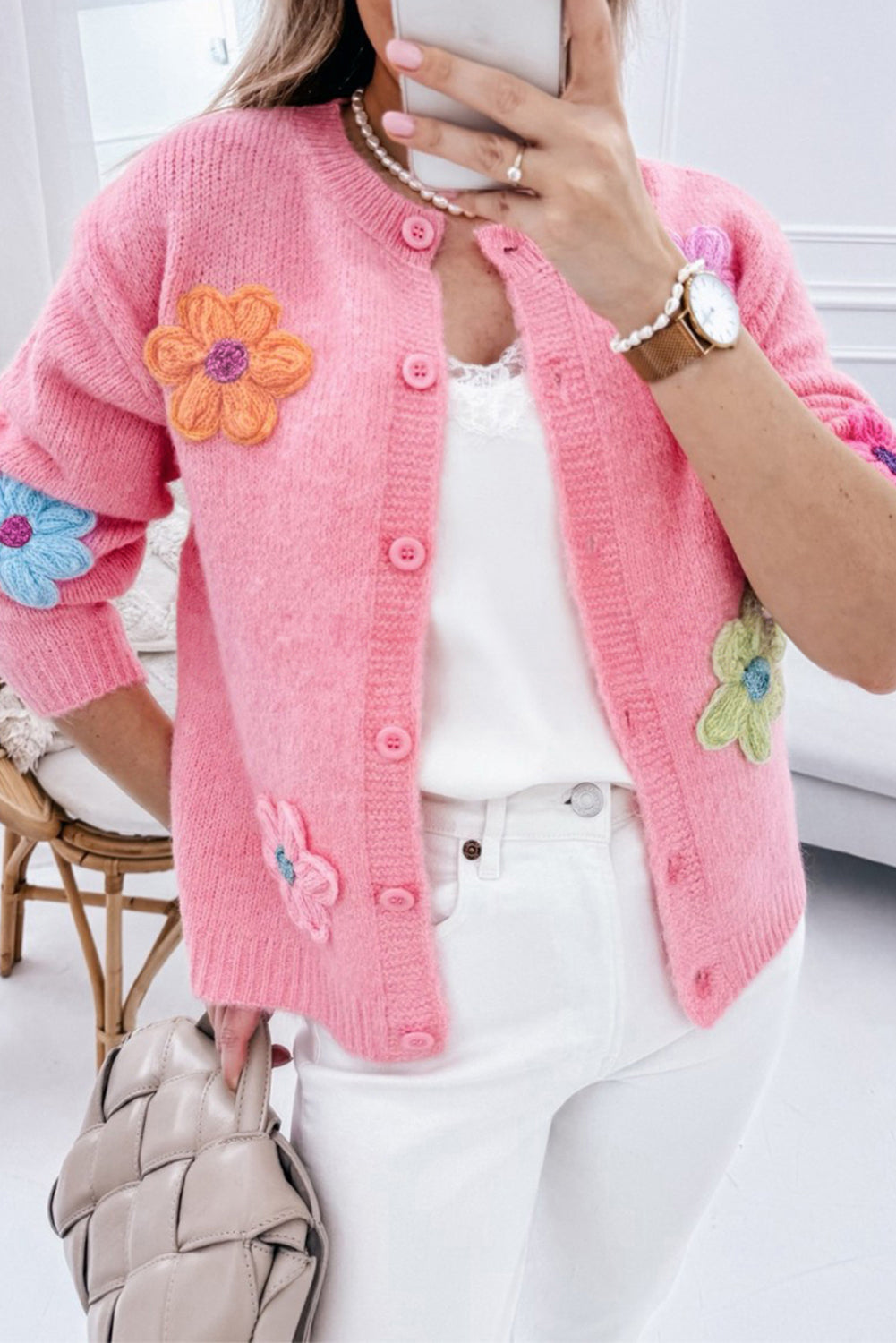 Cardigan boutonné rose à motif floral tricoté mignon