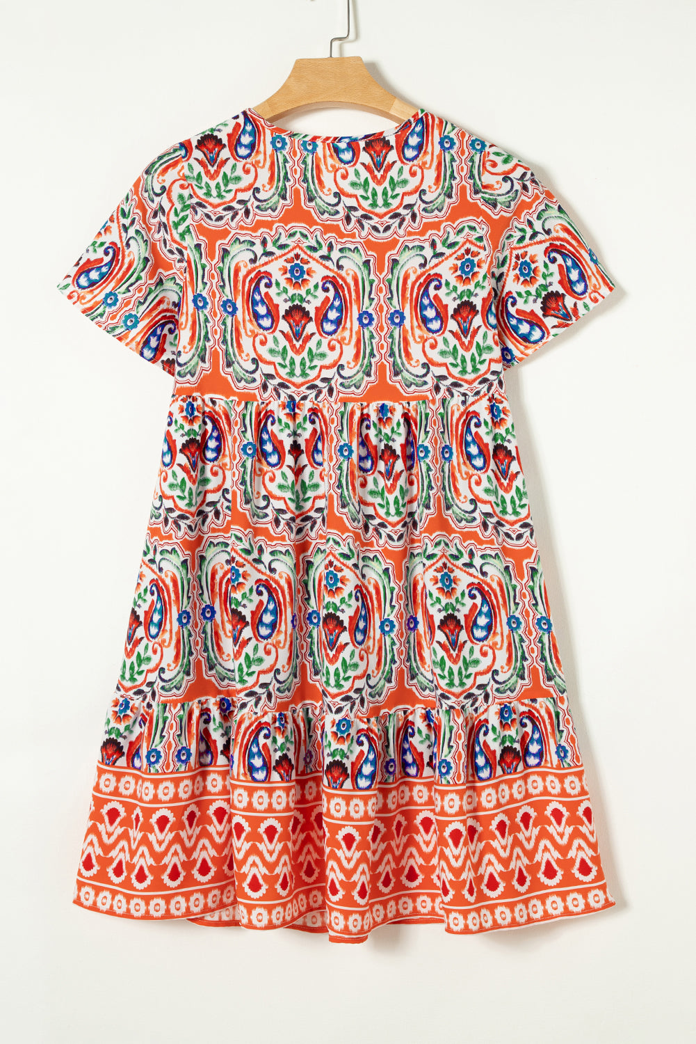 Orange Bohemian Print Tie Neck Ruffle Hem Short Dress