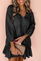 Black mini-robe in ruffled chambray and puffy sleeves, V-collar