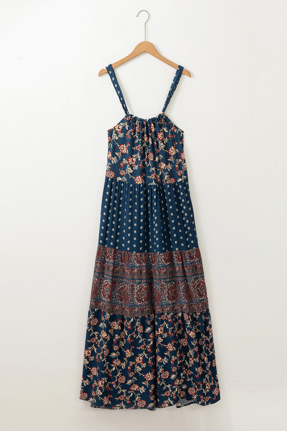 Blue Boho Floral Splicing Sleeveless Dress