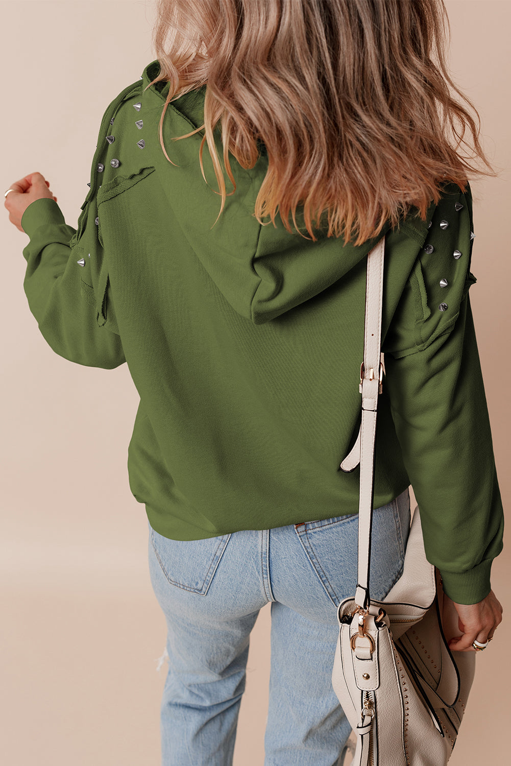 Sweat à capuche à manches raglan et rivets de couleur unie vert vignoble avec poche