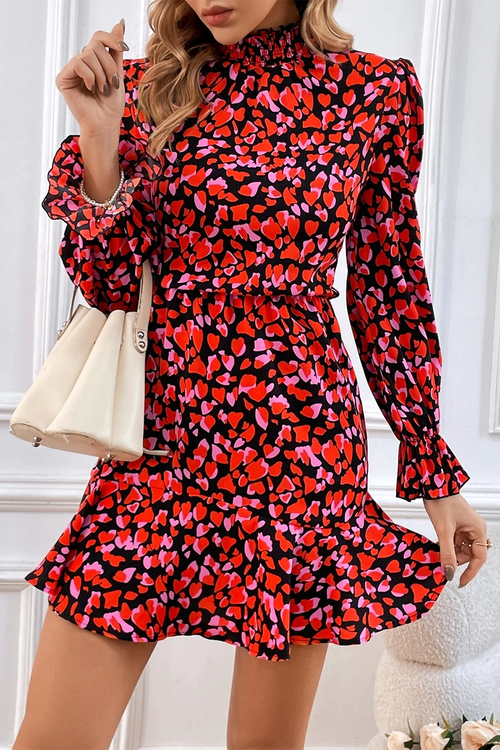 Red Valentines Day Heart Form Print Langarm Mini Kleid