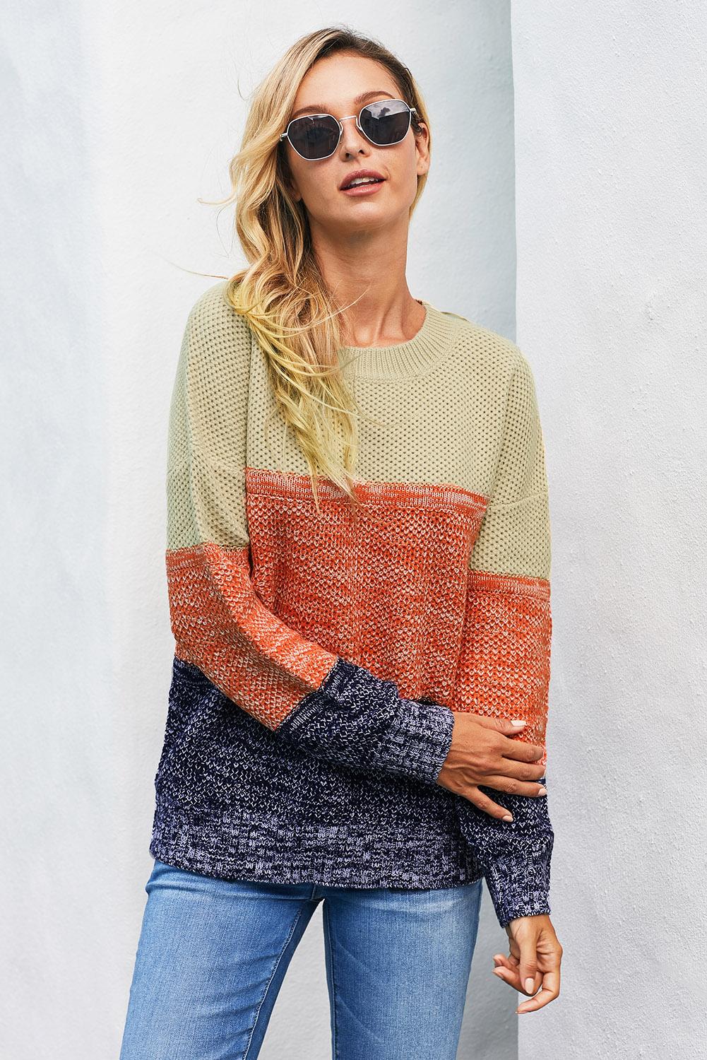 Blue Color Block Netted Texture Pullover Sweater