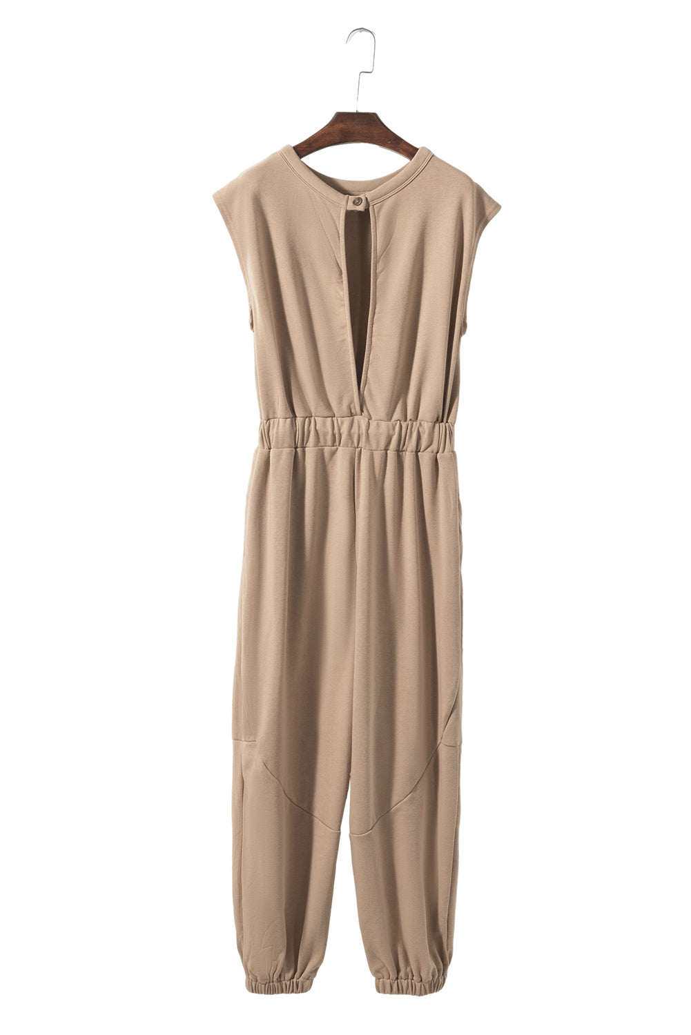 Leichter französischer Beige Cap Sleeve Offener Rückenschnur Jogger Jumpsuit